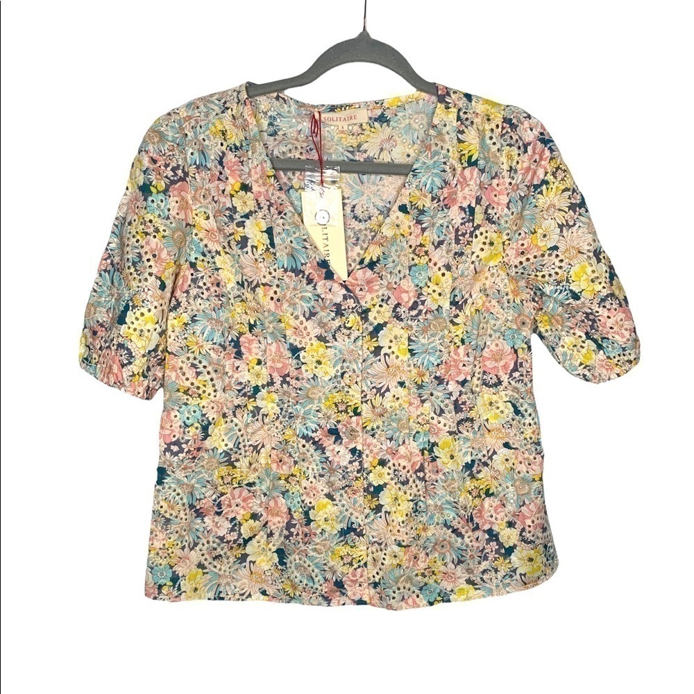 NWT Anthropologie Solitaire Button Up Short Sleeve Embroidered Floral Top Small